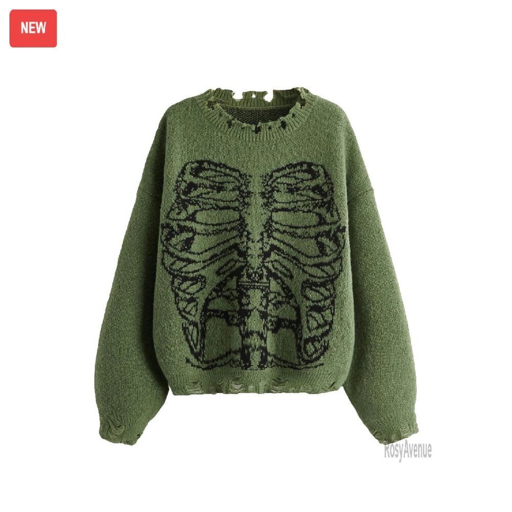 Oversized Skeleton Pattern Ripped Pullover Sweater Women's Chunky Knit